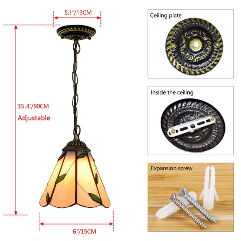 Detailed view of Six Inch Tiffany Style Pendant Ceiling Light With Pastoral Stained Glass For Restaurant Hallways Kitchens And Bars Hanging Fixture 110 240V E27 Base 40W Lamp showing dimensions and installation components.