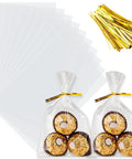 Clear Cellophane Bags 4x6 Inch, 100 Pack With Color Twist Ties For Cookies Candy Popcorn Small Gifts Party Favors displayed with gold twist ties