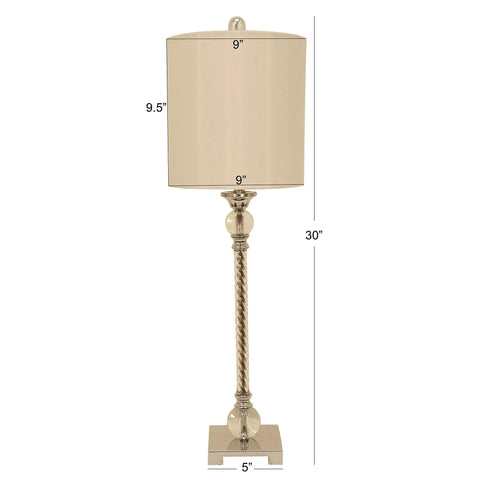 Camilla Steel And Acrylic Twist Buffet Lamp In Chrome And Clear Finish With Silver Faux Silk Shade, 9x9x30 inches