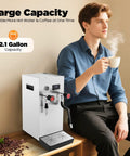 Straight Up Commercial Milk Frother And Automatic Steam Boiler With Led Digital Display 2.1 Gallon Dual Tank Espresso Maker next to a person holding cup.