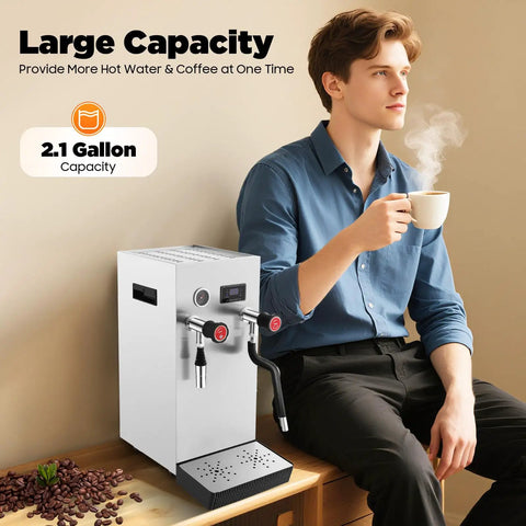 Straight Up Commercial Milk Frother And Automatic Steam Boiler With Led Digital Display 2.1 Gallon Dual Tank Espresso Maker next to a person holding cup.