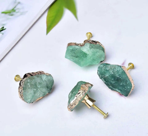 Green Fluorite Stone Cabinet Knobs Set Dope Healing Crystal Drawer Handles Gold Plated Gemstone Cupboard Pulls For Home Office Decor Fits Kitchen Cabinets Dressers 4 Pack