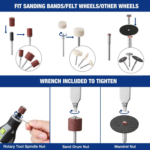 Diagram of All In One 698 Piece Rotary Tool Accessories Kit With Diamond Cutting Wheels Sanding Bands and Discs Flap Wheels
