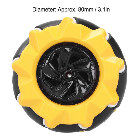 Front view of 80mm yellow mecanum wheel with black center hub for DIY robot car