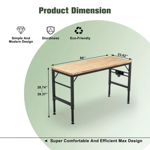 Heavy Duty Adjustable Height Workbench With Built In Power Outlets And Solid Rubber Wood Top Rock Solid Two Thousand Pound Capacity Garage Beast For Shop Projects And Buildouts dimensions 60x23.62x28.74-39.37 inches.