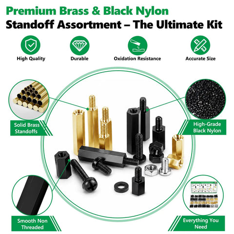 696 Piece M3 Motherboard Standoffs And Spacers Kit With Brass Standoffs And Nylon Spacers For Pro Grade Rigidity And Electrical Insulation Plus Hex Screws And Nuts Set, brass and black nylon standoffs