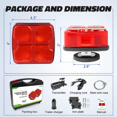 Wireless Trailer Lights Kit With Magnetic LED Tow Light Rechargeable Battery 7 Way To 4 Way Transmitter shown with accessories