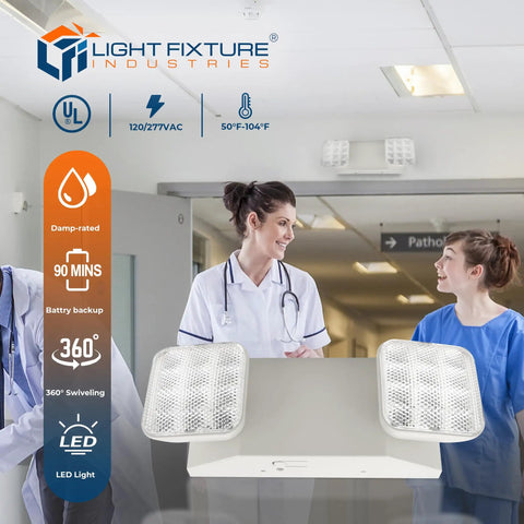 LED Emergency Light With Battery Backup For Biz, UL 924 Listed, adjustable square LED heads in hospital corridor, white housing