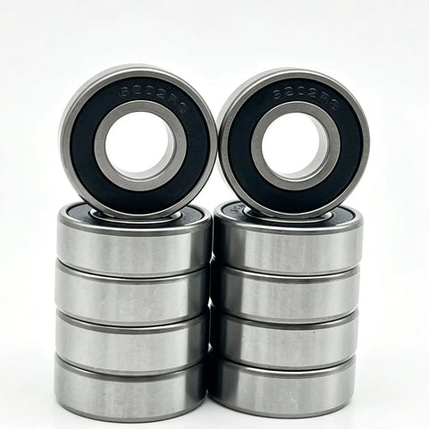 Sweet 10 Pack Of 6202-2RS Deep Groove Ball Bearings In 15x35x11mm Size stacked, double rubber sealed chrome steel for scooters.