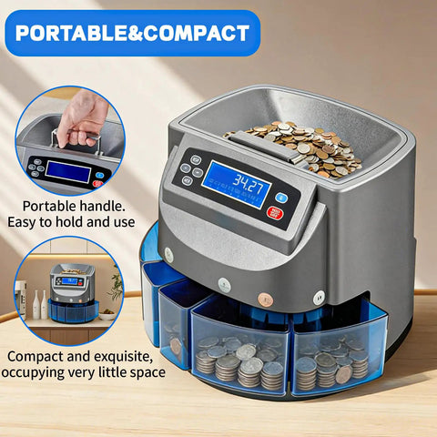 Slick Automatic Coin Counter And Wrapping Machine featuring no fuss LCD screen with a portable handle for easy use.