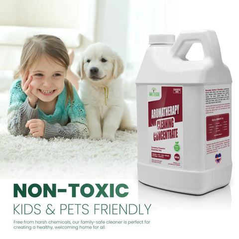 Girl and dog on rug with Aromatherapy Cleaning Concentrate 64 Ounce All Purpose Multi Surface Cleaner Plant Based Essential Oil Formula