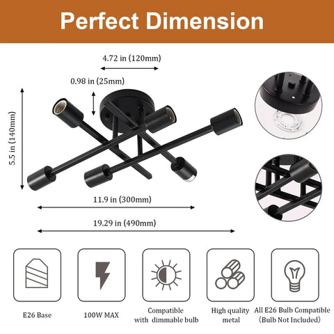 Dimensions of Industrial 6 Light Dope Semi Flush Mount Ceiling Light Farmhouse Close To Ceiling Fixture in Matte Black