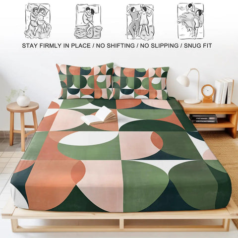 Cloud Soft Queen Fitted Sheets With 16 Inch Deep Pocket Microfiber Bedding Set Includes Two Pillowcases on a bed with modern graphic design.
