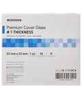 Premium No 1 Thickness Microscope Cover Glass For Slides Clear 22 X 22 Mm 1 Count Precision Ground With Straight Edges Non Fogging And Non Corrosive Keeps Specimens Protected From Airborne Contaminants. Box front of clear 22 x 22 mm microscope cover glass