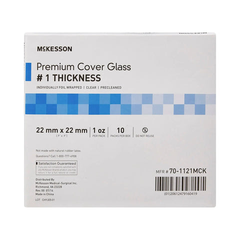 Premium No 1 Thickness Microscope Cover Glass For Slides Clear 22 X 22 Mm 1 Count Precision Ground With Straight Edges Non Fogging And Non Corrosive Keeps Specimens Protected From Airborne Contaminants. Box front of clear 22 x 22 mm microscope cover glass