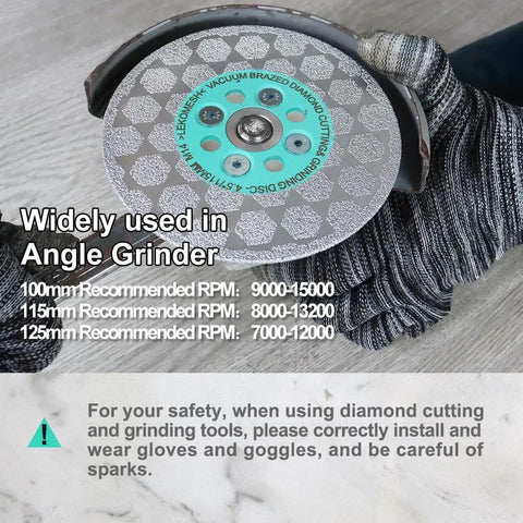 Worker holding a Double Sided Diamond Blade For Angle Grinder Vacuum Brazed No Chip Tile Cutting And Grinding Wheel Porcelain Granite Marble Concrete 5/8-11 Thread 8 Hole Flange For Clean, Fast, Stable Cuts.