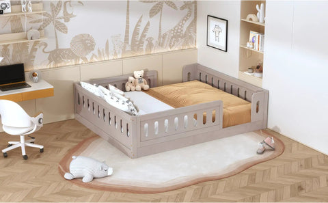 Full Size Wood Bed Frame With Safety Guardrail For Kids in room with safari theme decor