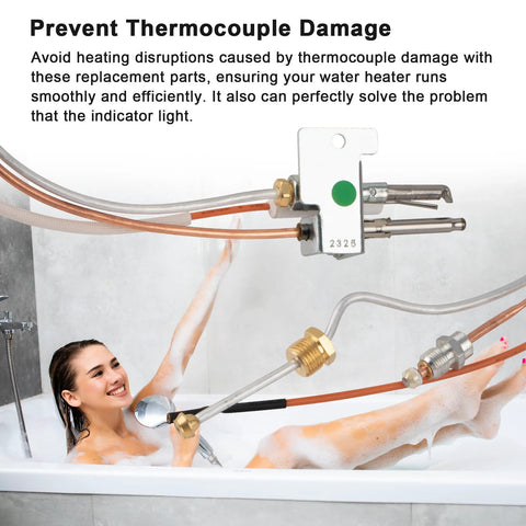 Pilot and igniter assembly replacement kit for natural gas water heater; metal valve with copper gas lines visible above a bathtub.