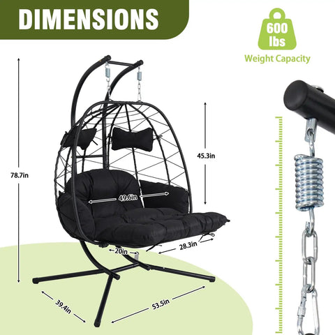 Two Person Outdoor Hanging Egg Chair With Stand And Adjustable Footrest Oversized Wicker Swing Chair With Thick Cushions