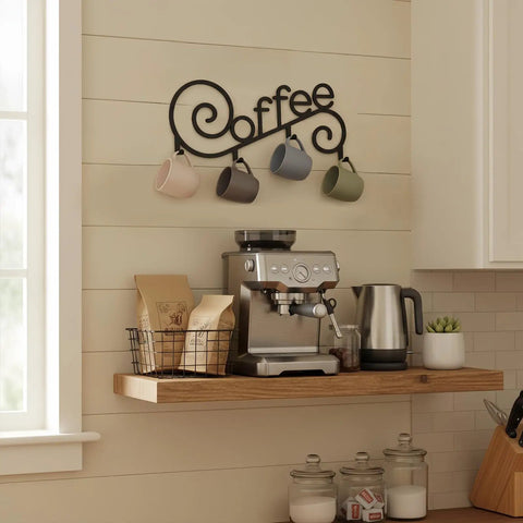 Cool Metal Wall Mounted Coffee Cup Mug Holder With Four Hooks For Kitchen Or Coffee Bar Decor above coffee machine