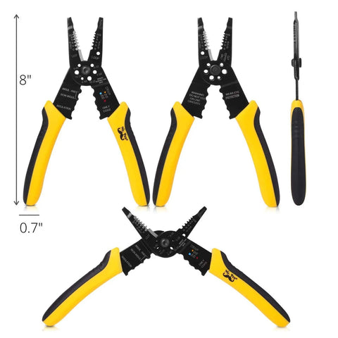 8 Inch Wire Stripper And Cutter Crimper Tool For 10 To 22 AWG Wires, Cable Stripper With PVC Grip, displayed from different angles