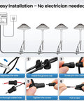 All In One Low Voltage Landscape Lighting Kit With Twelve 5W Pathway Lights And A 96W Transformer For Outdoor Yards Patios And Walkways 2700K Warm White IP66 Waterproof 12 To 24 Volt System showing installation steps