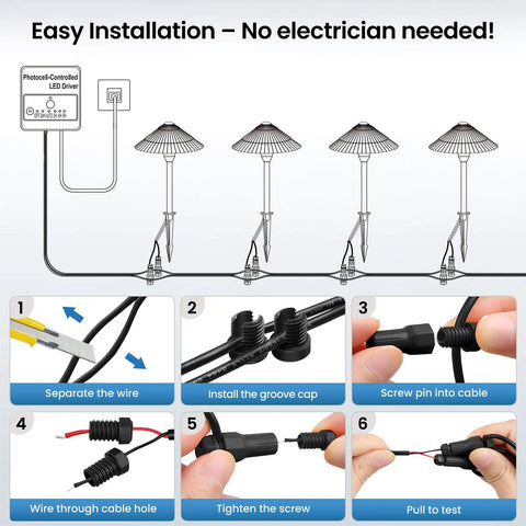 All In One Low Voltage Landscape Lighting Kit With Twelve 5W Pathway Lights And A 96W Transformer For Outdoor Yards Patios And Walkways 2700K Warm White IP66 Waterproof 12 To 24 Volt System showing installation steps