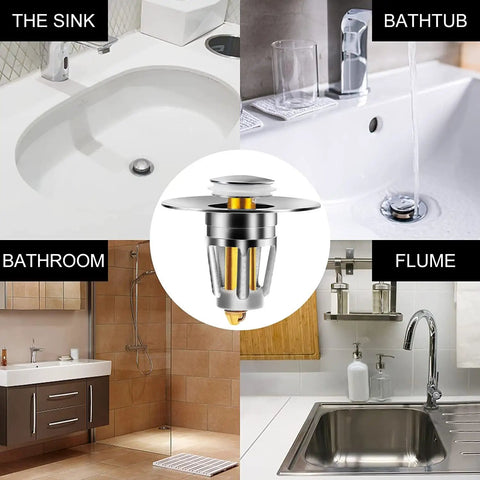 Stainless Steel Bathroom Sink Stopper With Hair Catcher And Drain Strainer for various sinks and bathtubs shown in use