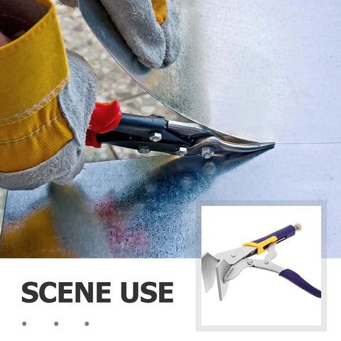 Sheet Metal Hand Seamer Pliers Built Tough Straight Jaw Metal Bending Tool in use with Non Slip Grippy Ergonomic Handle for HVAC Jobs