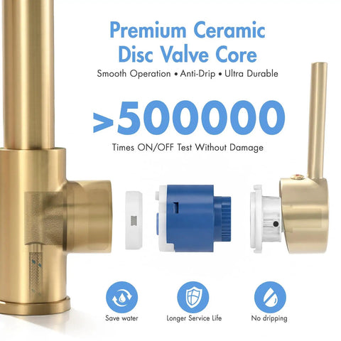 AIMADI Brushed Gold Kitchen Faucet with Pull Down Sprayer showing premium ceramic disc valve core for durability.