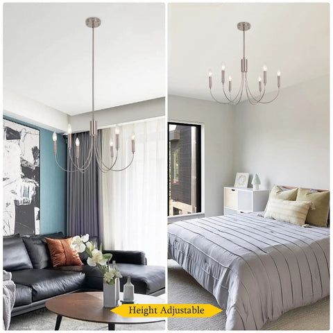 Modern Farmhouse Chandelier For Dining Room, Six Lights Dope Vintage Style Brushed Nickel Hanging Light Fixture, in living room