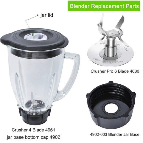 Kickin 6 Cup Glass Blender Replacement Jar With Lid Kit including ice blade, bottom cap, and gasket for blender models.