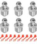 Six 304 stainless steel straight grease fittings with 1/8-28 in thread and ten red dust caps, front view