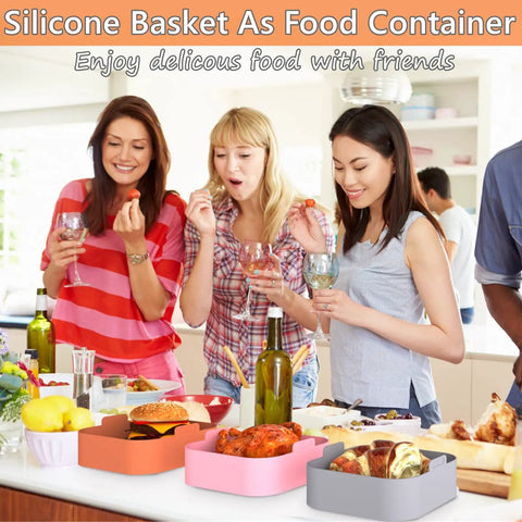 Group enjoying meal with Square 8.5 Inch Silicone Air Fryer Liners Inserts 3 Pack Reusable Pot Baskets