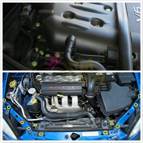 Car engine bay with installed Orange Billet Aluminum Fender Bumper Washer Bolt Dress Up Kit For Engine Bay M6x15mm