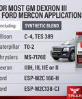 Dx3 ATF Transmission Fluid For GM Dexron III And Ford Mercon Applications, bottle next to a blue vehicle on specification chart