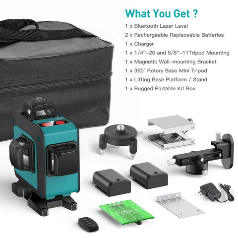 360 Degree Self Leveling Laser Level With Bluetooth Remote Control 200 Ft Outdoor Range Green Cross Line 4D Precision kit