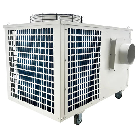 Heavy-Duty 61000 BTU Industrial Air Conditioner Blows Ice Cold For Garages And Warehouses, portable design with wheels.