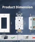 Dimensions of GFCI Outlet With Tamper Resistant Design, 15 Amp Self Test GFI Receptacle, UL Listed, showing different views