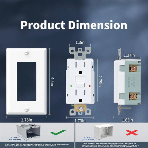 Dimensions of GFCI Outlet With Tamper Resistant Design, 15 Amp Self Test GFI Receptacle, UL Listed, showing different views