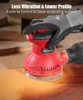Heavy Duty Five Inch Random Orbital Sander Featuring Six Variable Speeds And A Badass 360 Watt Motor For Killer Wood Finishes close-up in use on wood.