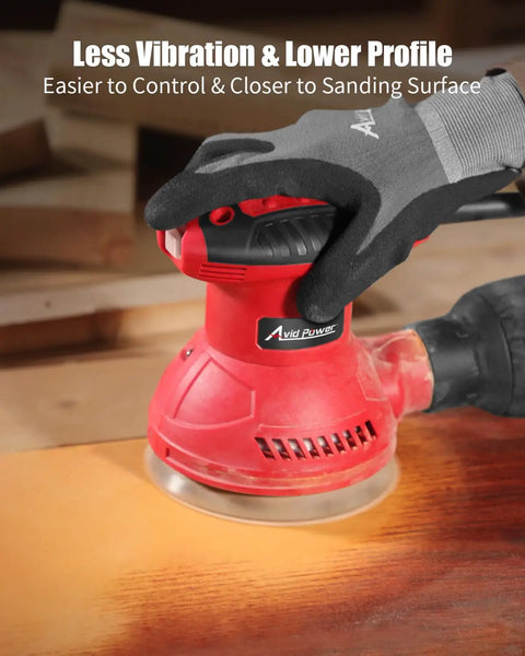 Heavy Duty Five Inch Random Orbital Sander Featuring Six Variable Speeds And A Badass 360 Watt Motor For Killer Wood Finishes close-up in use on wood.