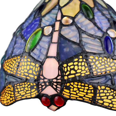 Close-up of Sunniva Dragonfly Tiffany-Style 1 Light Mini Pendant handcrafted glass shade with 111 glass cuts and 36 beads.