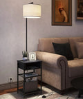 Space Saving Floor Lamp With Built In End Table And Storage Shelves, Linen Shade, Upgraded Long Cord, Black Modern Lighting in Living Room