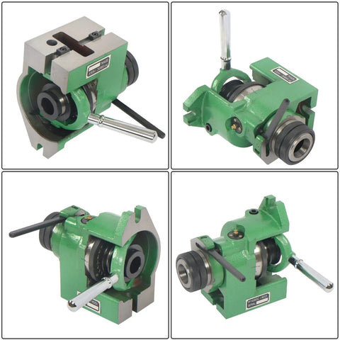 Heavy Duty Horizontal 5C Collet Spinning Indexing Chuck For Milling Setup with green finish and multiple angles for precision positioning.