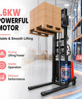 Heavy Duty Semi Electric Pallet Stacker With 3500 Lbs Lift Capacity And Walkie Forklift Design For Smooth Warehouse Moves and High Efficiency Loading in action, lifting boxes.