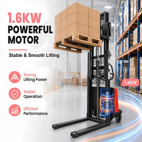 Heavy-Duty 3.5K Semi-Electric Pallet Stacker With Solid Carbon Steel Frame For Tough Yard Work And Warehouse Lifting Tasks, 1.6KW motor lifting pallets.