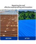 Before and after repair showing Heavy Duty Waterproof Self Adhesive Repair Tape For Indoor And Outdoor Use Instantly Sticks on roof.