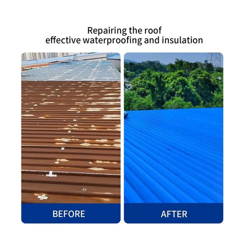 Before and after repair showing Heavy Duty Waterproof Self Adhesive Repair Tape For Indoor And Outdoor Use Instantly Sticks on roof.