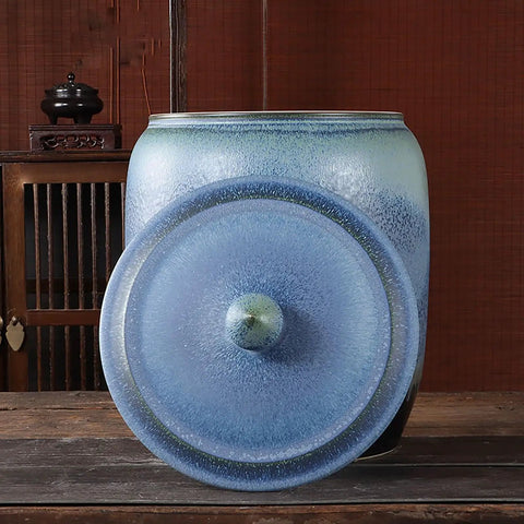 Slick Ceramic Food Storage Jar Gradient Blue Rice Cylinder High Temperature Fired Pantry Bin with lid on a wooden surface.